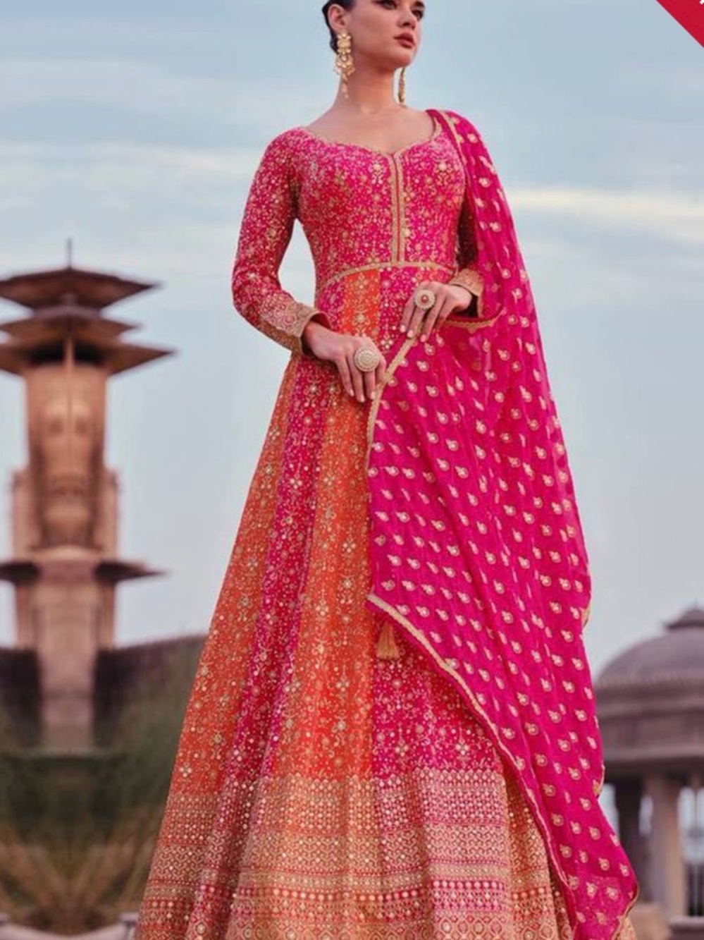 Pink & Orange Embroidered Long-Sleeve Anarkali Dress with Dupatta